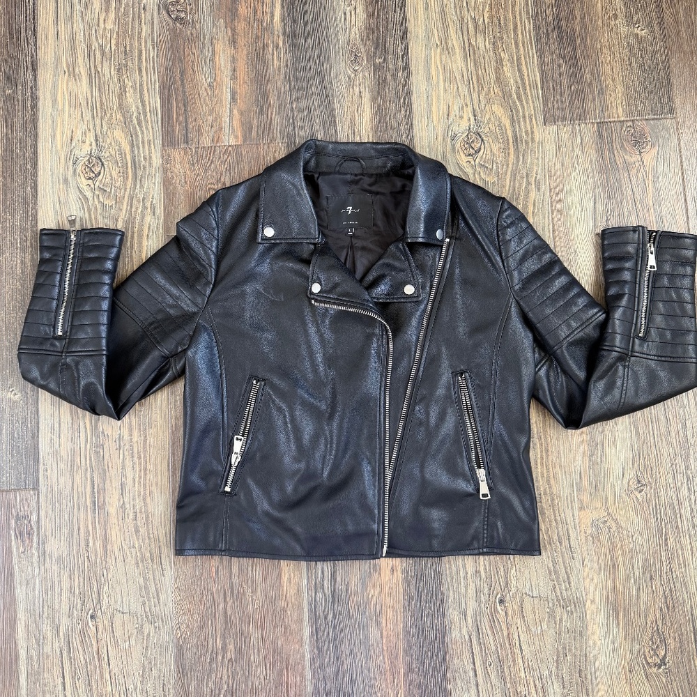 7 For All Mankind Black Faux Leather Moto Jacket – Quilted Sleeves – Size L